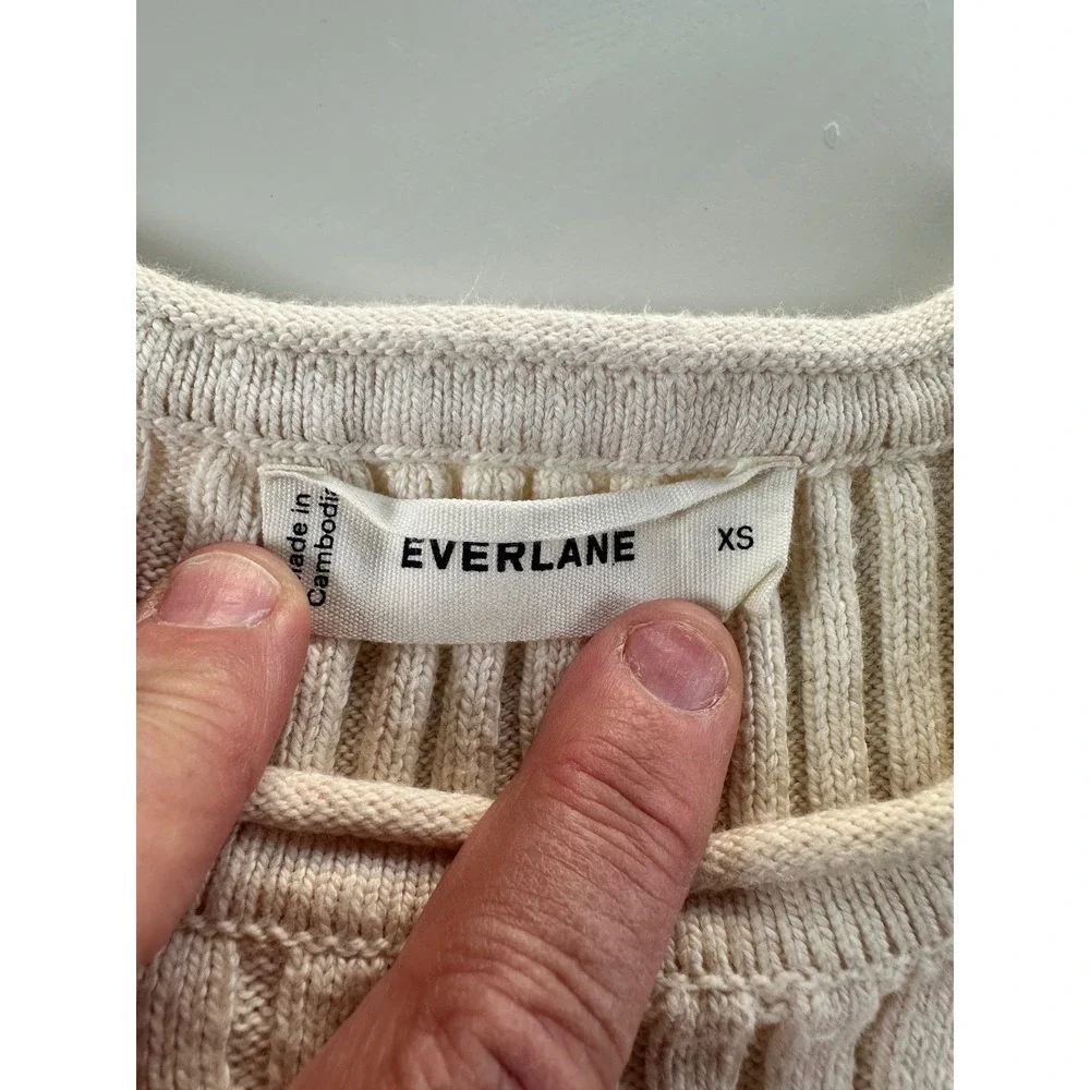 Everlane Ribbed Knit Women XS Cream Organic Cotton Long Sleeve Crew Neck Sweater